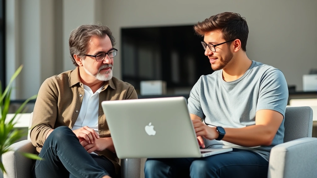 Founder mentoring junior team member, sitting across from each other with laptop, genuine conversation moment, natural lighting, professional casual environment