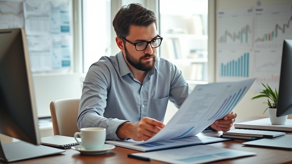 Founder reviewing financial spreadsheets and metrics on a desk with coffee, focused and deliberate, natural lighting, realistic workspace