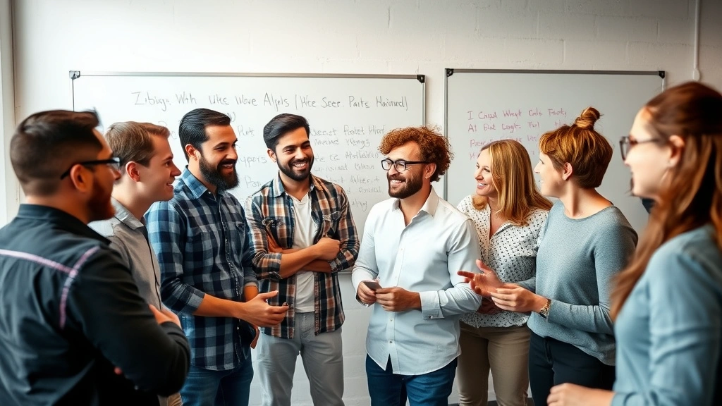 Team collaborating in a startup office, diverse group engaged in discussion, whiteboard in background, energetic but grounded atmosphere