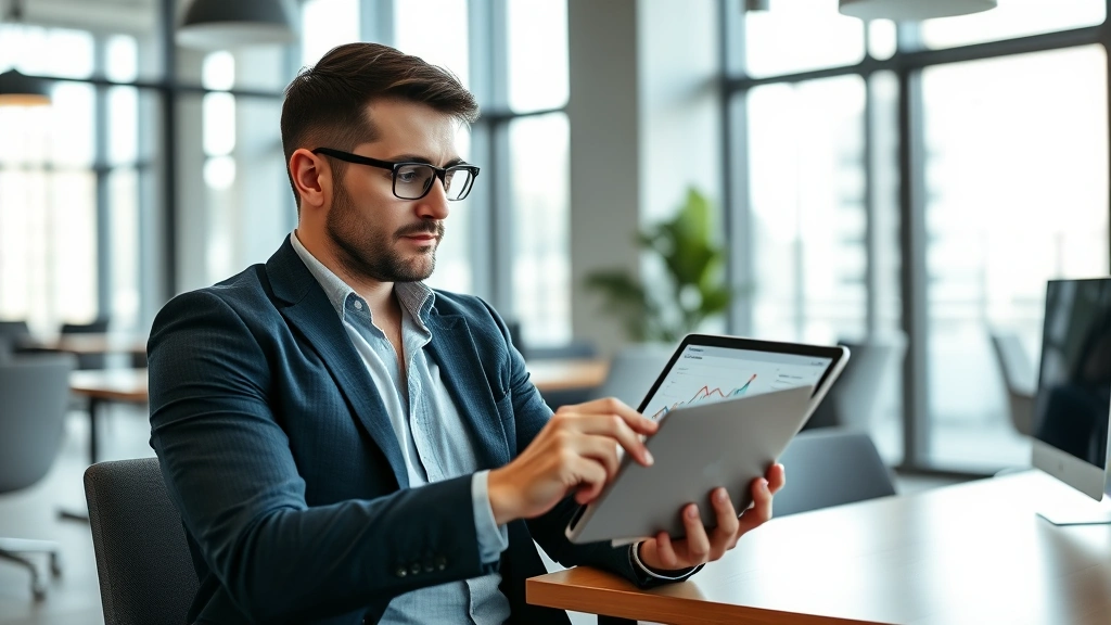 Entrepreneur in a modern office reviewing growth metrics on a tablet, looking focused and determined, natural lighting from large windows, casual business attire
