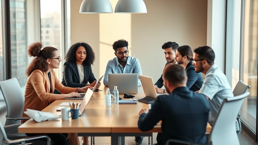 Team of diverse professionals collaborating around a conference table with laptops, engaged in discussion, modern minimalist workspace, warm natural light