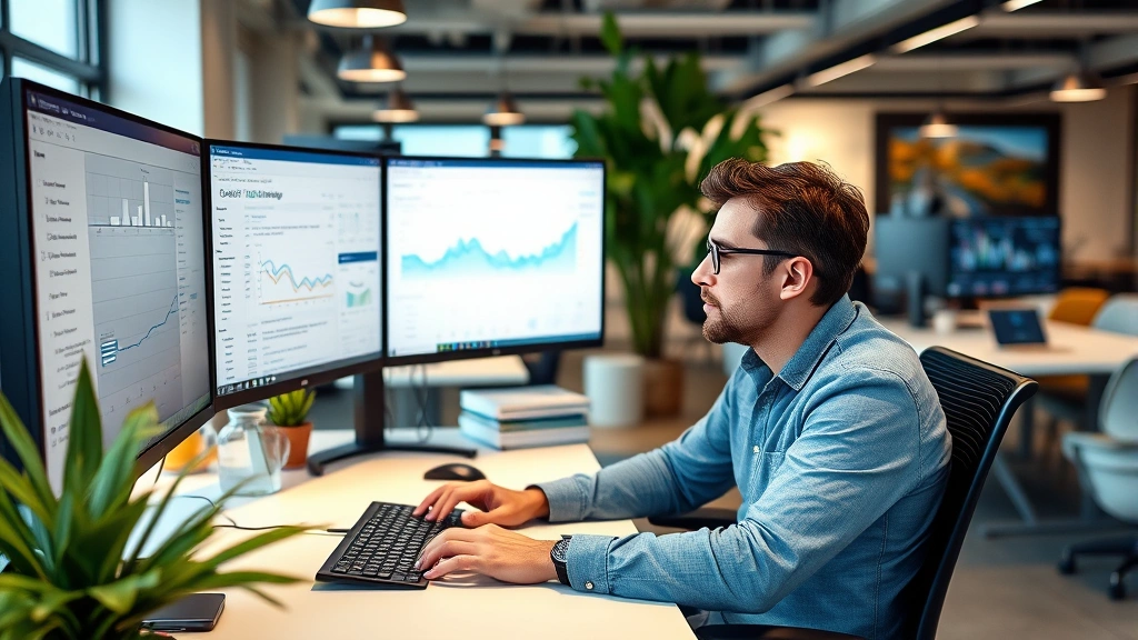 Founder sitting at desk with multiple monitors, analyzing data and dashboards, concentrated expression, startup office environment with plants and modern furniture