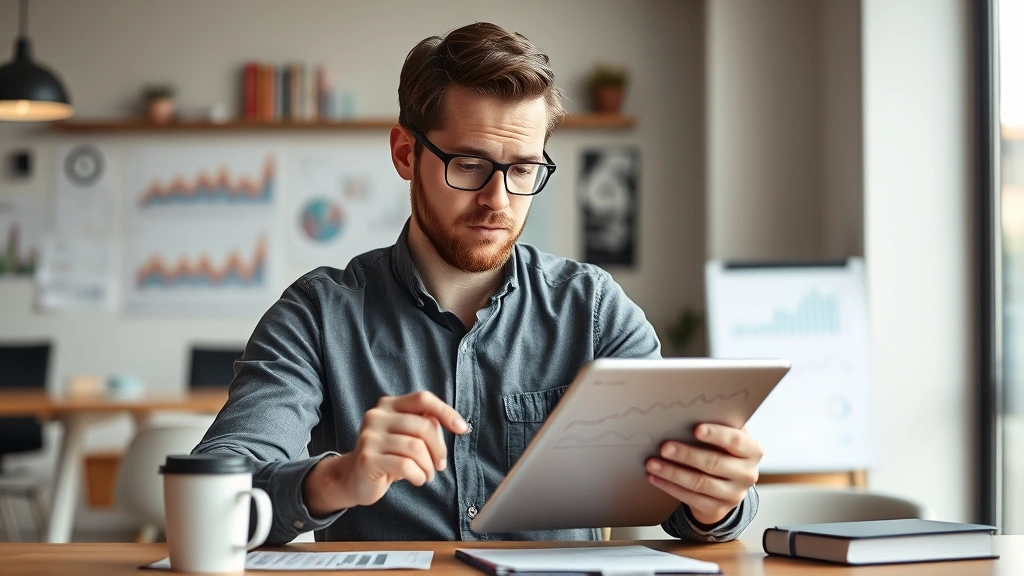 Entrepreneur reviewing financial dashboards and metrics on a tablet in a contemporary workspace, coffee cup nearby, analytical and determined expression