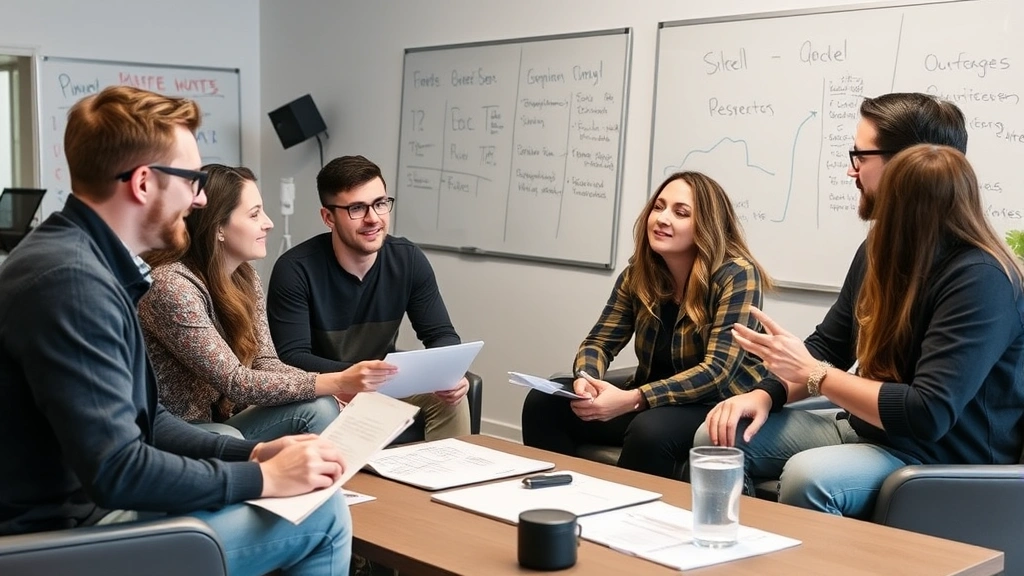 Early-stage startup team in a casual meeting discussing strategy and growth plans, whiteboards visible in background, collaborative and engaged atmosphere
