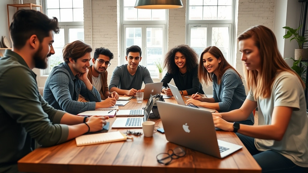 Young diverse team of founders working collaboratively at a wooden table with laptops and notebooks, natural light from windows, genuine focus and engagement, startup office environment