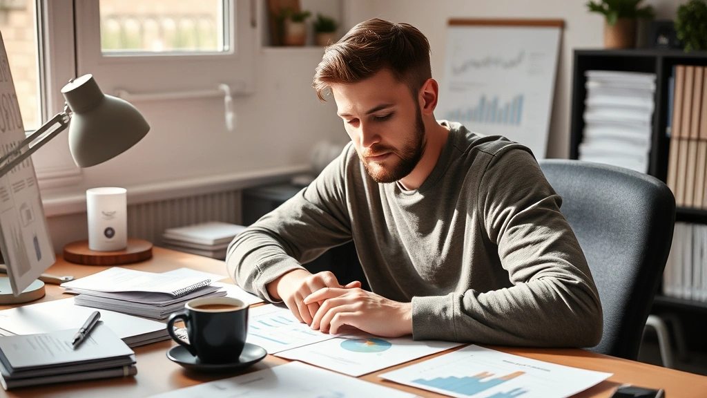 Founder reviewing customer feedback notes and data on desk with coffee, thoughtful expression, surrounded by market research materials and early product mockups, morning light