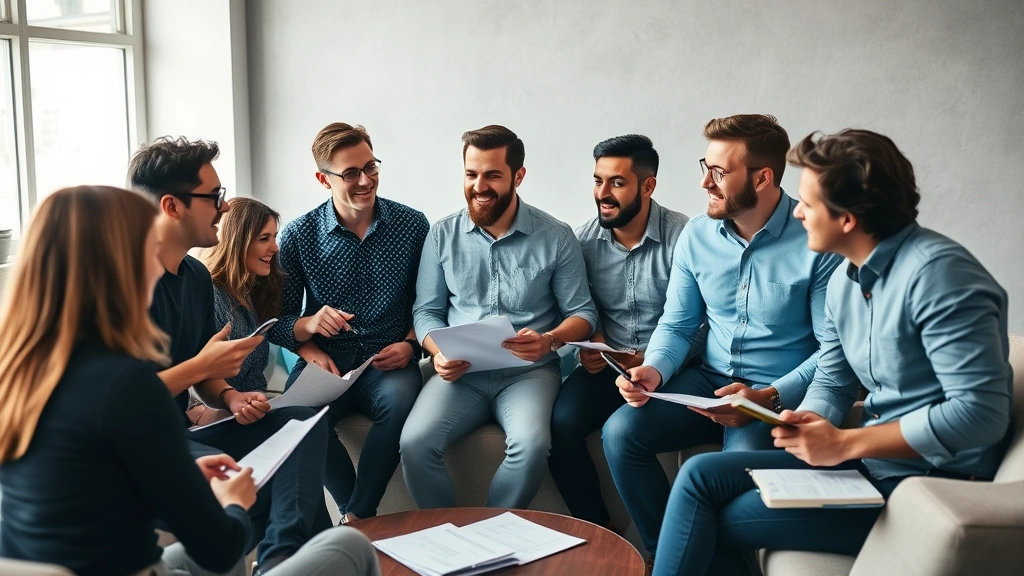 Diverse group of entrepreneurs in casual setting having animated discussion, notebooks and sketches visible, collaborative energy, mentorship or founder community meeting