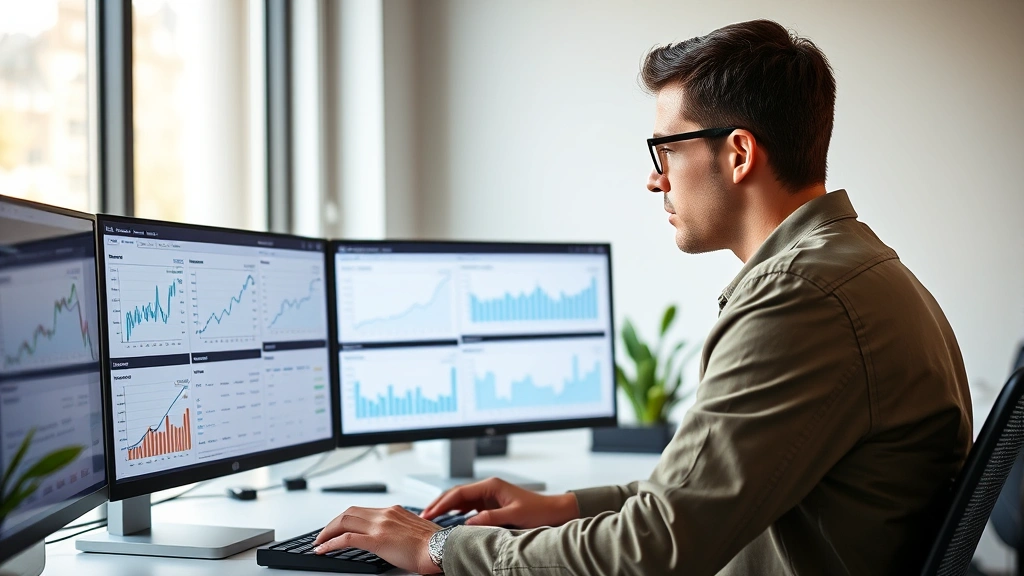 Founder reviewing financial dashboards and metrics on multiple screens, focused analytical expression, modern startup office environment with minimalist design, natural window lighting