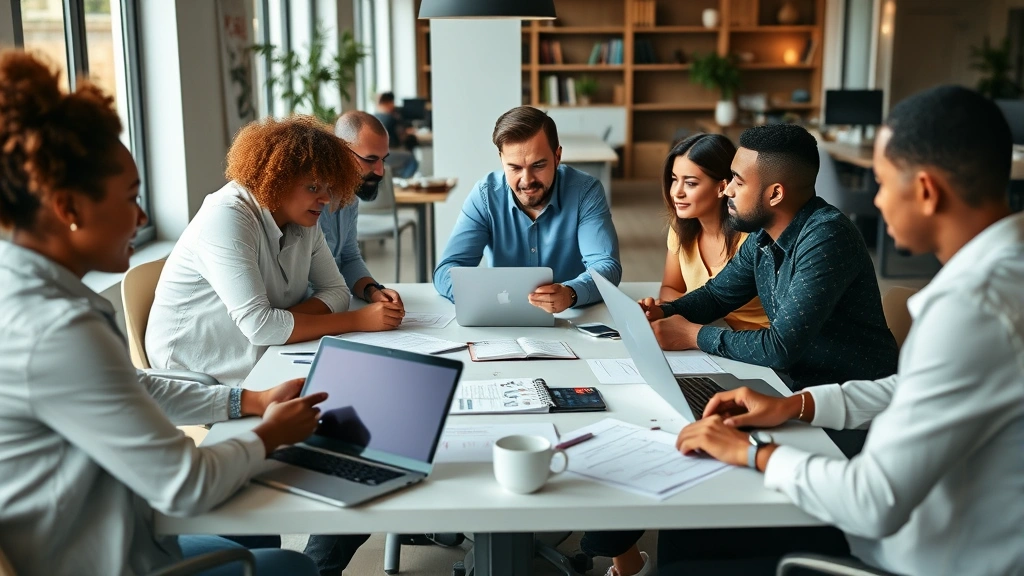 Team collaborating around a table with laptops and notebooks, diverse group engaged in strategic planning discussion, coffee cups and open workspace, candid moment of creative problem-solving