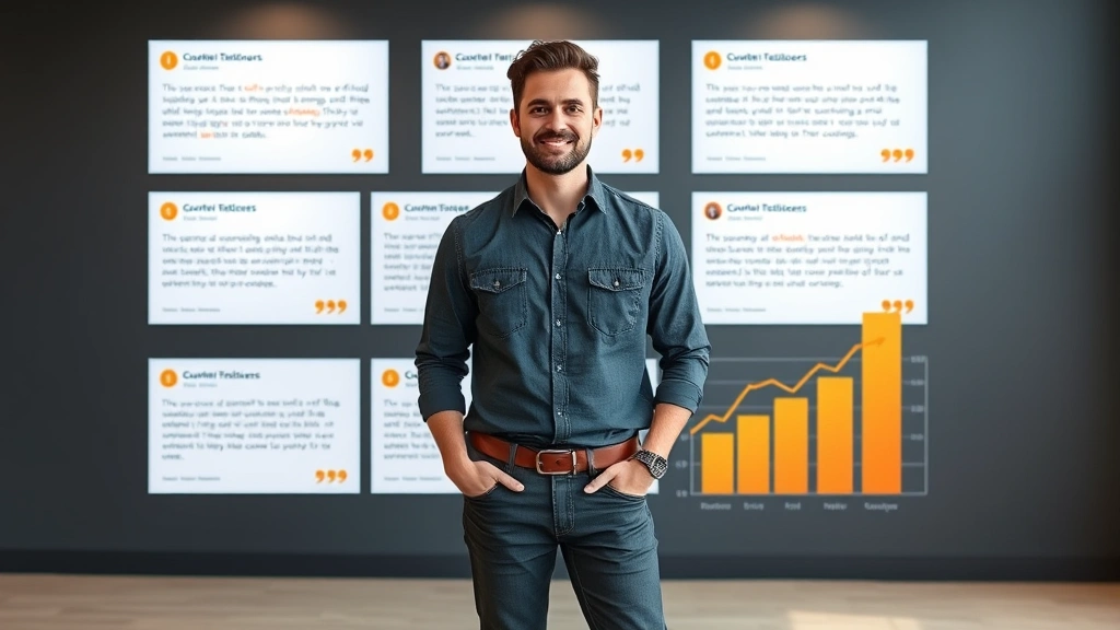Entrepreneur standing in front of a wall of customer testimonials and growth charts, confident posture, clean modern background, representing customer success and sustainable scaling