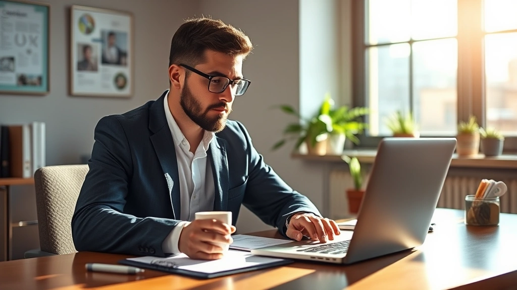 Focused entrepreneur working intently at a desk with coffee, laptop, and notebook, morning light streaming through a window, realistic business setting