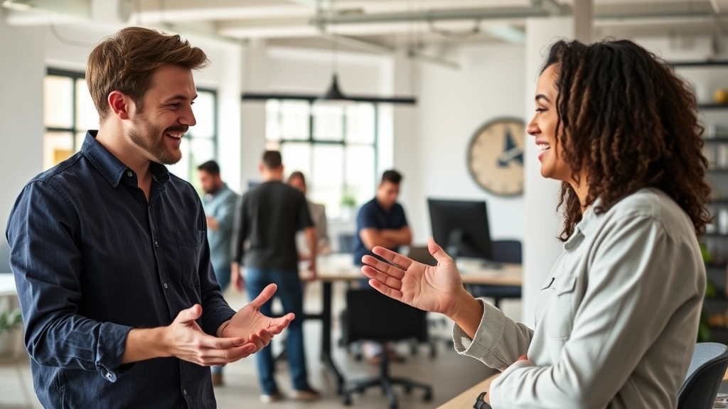 Two co-founders having an animated discussion in a casual startup office, both engaged and collaborating, natural lighting, diverse team