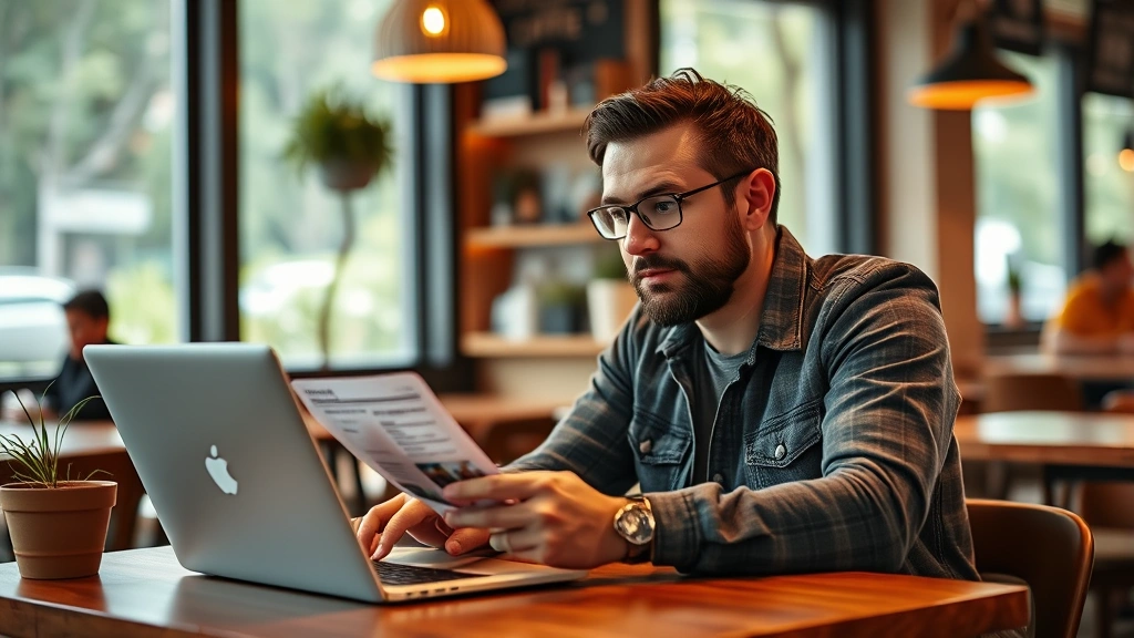 Founder reviewing customer feedback on a laptop at a coffee shop, thoughtful expression, real-world entrepreneurial moment, natural environment