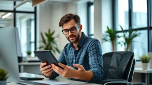 Founder reviewing business metrics on tablet in modern startup office, focused and analytical expression, natural lighting from windows, minimalist desk setup