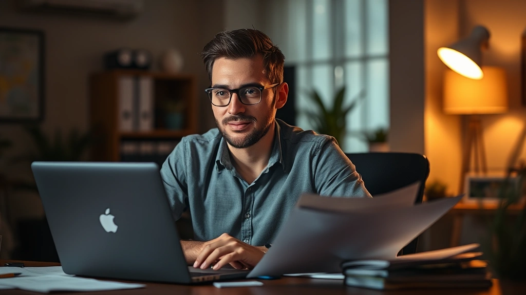 Entrepreneur working late at desk with laptop and financial documents, determined expression, warm office lighting, entrepreneurial hustle aesthetic