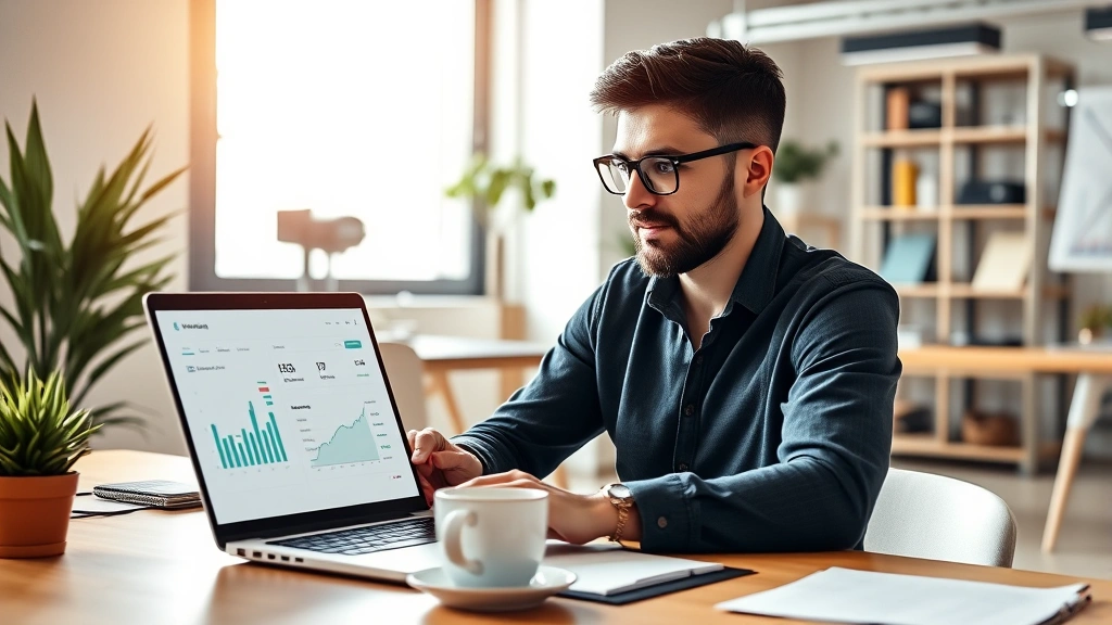 Founder reviewing financial dashboard on laptop in modern startup office, natural lighting, focused expression, coffee cup on desk, real business environment