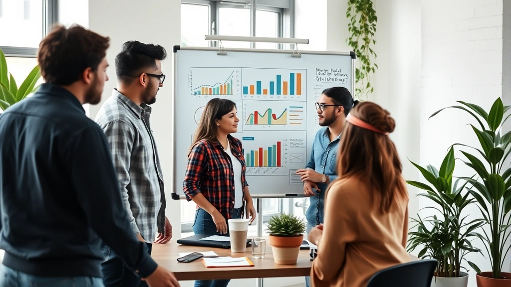 Team collaborating around a whiteboard with business metrics discussion, diverse group, professional casual attire, startup workspace with plants and natural light