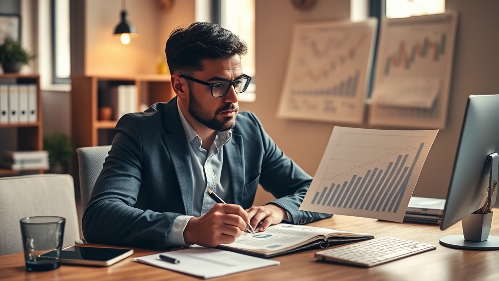 Entrepreneur analyzing growth charts and business performance, sitting at wooden desk with notebook and pen, warm office lighting, contemplative expression