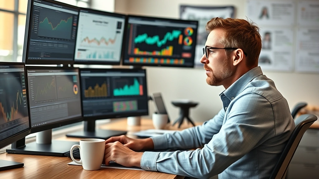 Founder sitting at desk reviewing financial spreadsheets and metrics on multiple monitors, coffee mug nearby, focused expression, natural office lighting, realistic photography