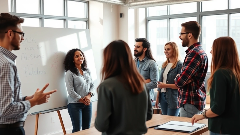Team of diverse entrepreneurs in startup office having collaborative meeting around whiteboard, engaged discussion, modern workspace, bright daylight from windows, candid moment