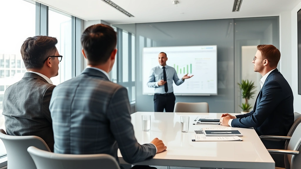 Founder presenting business model to investors in professional meeting room, confident posture, clean modern design, professional attire, serious business conversation, realistic setting