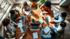 Overhead shot of a diverse founding team collaborating around a wooden table with laptops, coffee cups, and notepads, natural light streaming through windows, focused expressions showing deep engagement and commitment to their mission