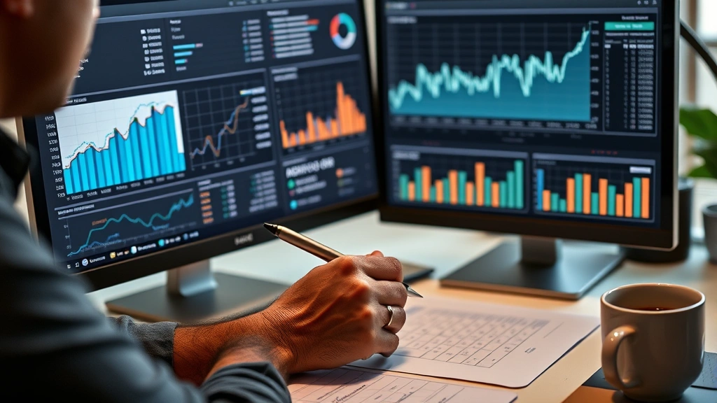 Close-up of a founder reviewing financial dashboards and spreadsheets on a computer screen, pen in hand, analyzing metrics with intense concentration, minimalist desk setup with coffee mug nearby
