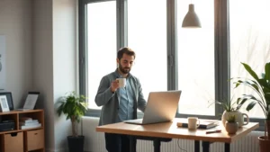 Entrepreneur working at a standing desk with coffee, focused expression, modern minimalist office, natural morning light streaming through windows, laptop and notebook visible