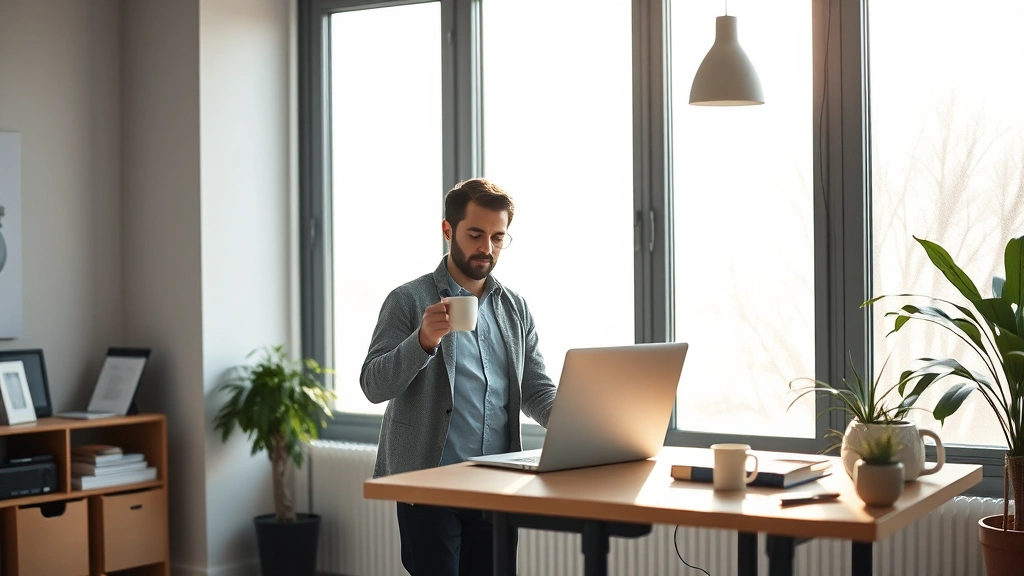 Entrepreneur working at a standing desk with coffee, focused expression, modern minimalist office, natural morning light streaming through windows, laptop and notebook visible