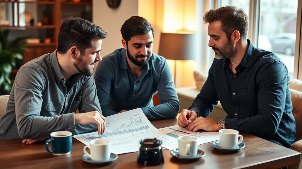 Two founders in a casual meeting, reviewing financial charts on paper, collaborative energy, coffee cups on table, warm indoor lighting, genuine discussion