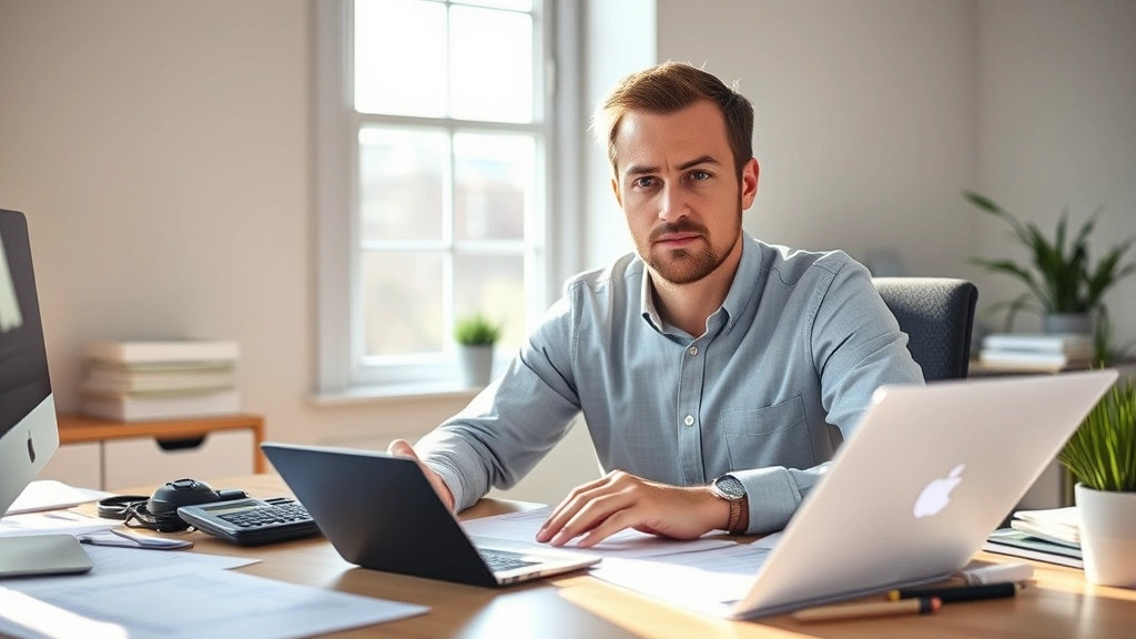 Founder at desk with financial spreadsheets and calculator, focused and determined expression, natural morning light from window, minimalist office setup