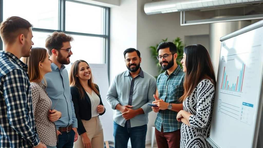 Diverse team collaborating in modern startup office, reviewing metrics on whiteboard, engaged discussion, bright natural lighting, casual professional attire