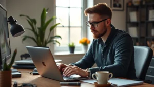 Founder at desk with laptop and coffee, intense focus on work, early morning startup environment, natural window light, real entrepreneur workspace