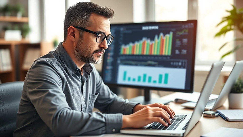 Entrepreneur reviewing metrics on laptop screen, calculating financials, focused expression, hands near keyboard, professional but authentic workspace