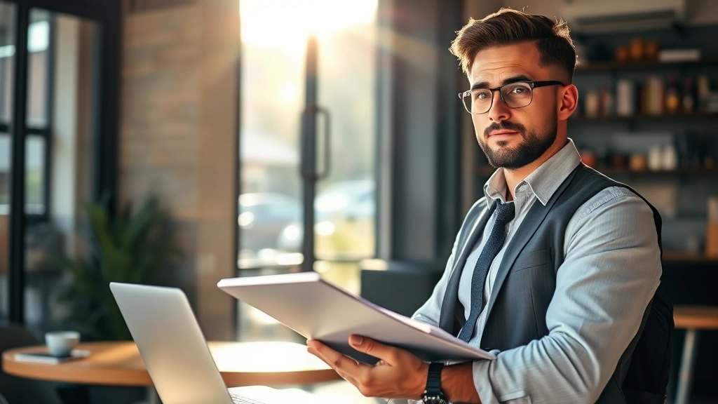 Entrepreneur at a coffee shop with notebook and laptop, morning sunlight, focused expression, casual business attire, realistic photography