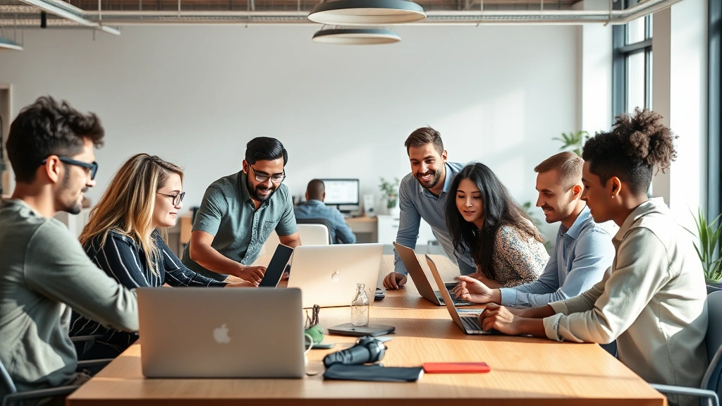 Diverse team in a startup office collaborating around a table with laptops, energetic but candid moment, natural lighting, photorealistic