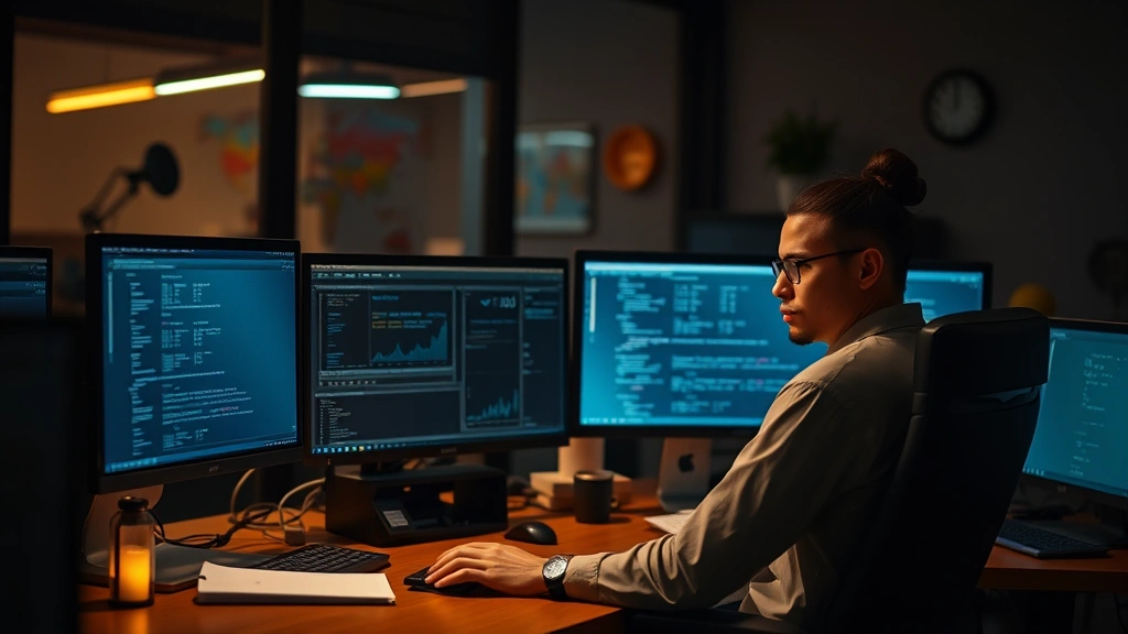 Solo founder at desk late at night with multiple monitors, thoughtful expression, warm office lighting, realistic portrayal of early-stage work