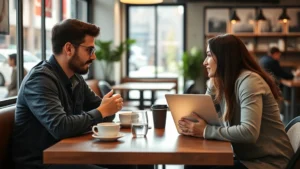 Founder in casual coffee shop meeting with two potential customers, intense focused conversation, natural lighting, authentic engagement, no laptops visible