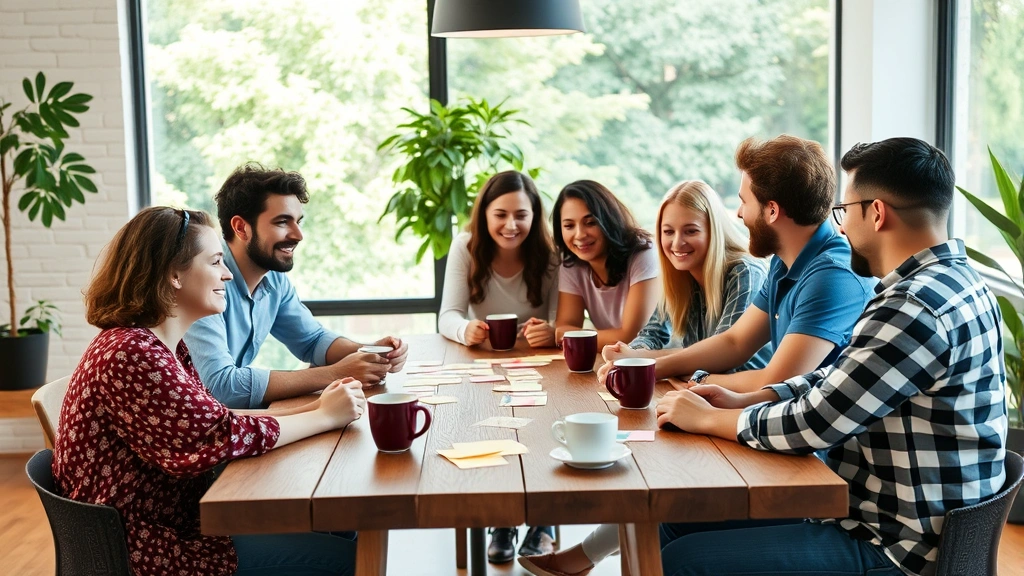 Diverse startup team collaborating around wooden table with sticky notes and coffee cups, energetic creative atmosphere, natural workspace environment