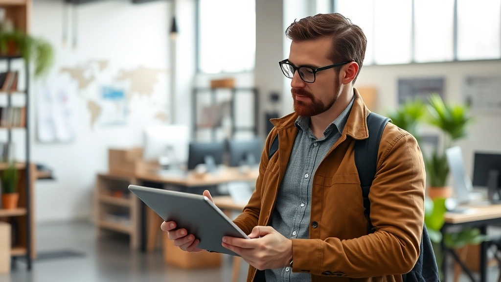 Entrepreneur reviewing metrics on tablet while walking through customer workspace, observing real work environment, thoughtful expression, practical business moment