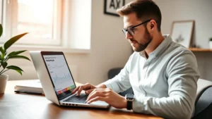 Founder reviewing financial metrics on laptop with coffee, focused expression, minimalist home office, natural morning light streaming through window