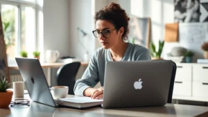 Founder sitting at desk with laptop, coffee, notebook—focused but relaxed, natural morning light, startup office aesthetic, diverse representation