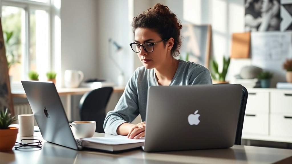 Founder sitting at desk with laptop, coffee, notebook—focused but relaxed, natural morning light, startup office aesthetic, diverse representation