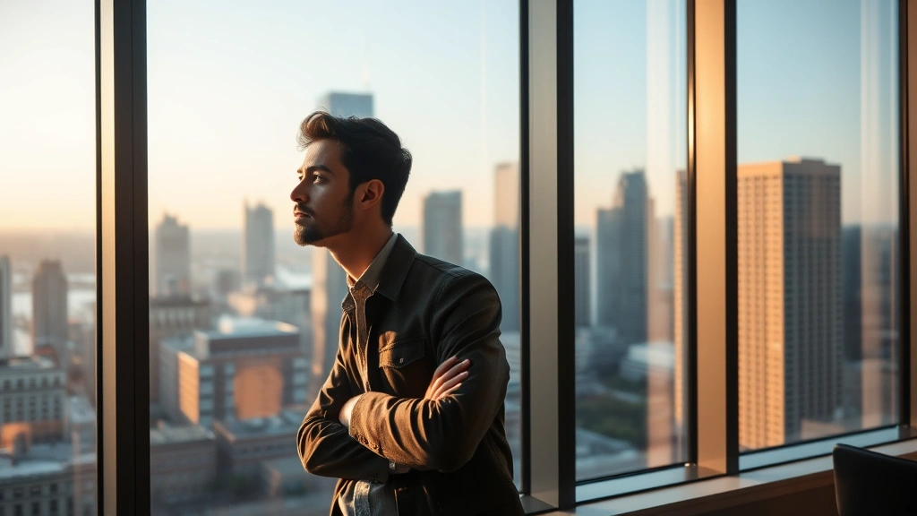 Solo entrepreneur looking out window at city skyline, thoughtful expression, early morning light, contemplative but determined posture, modern office space