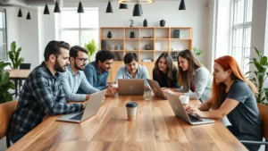 Diverse group of young entrepreneurs collaborating at wooden table with laptops and coffee cups in bright startup office space