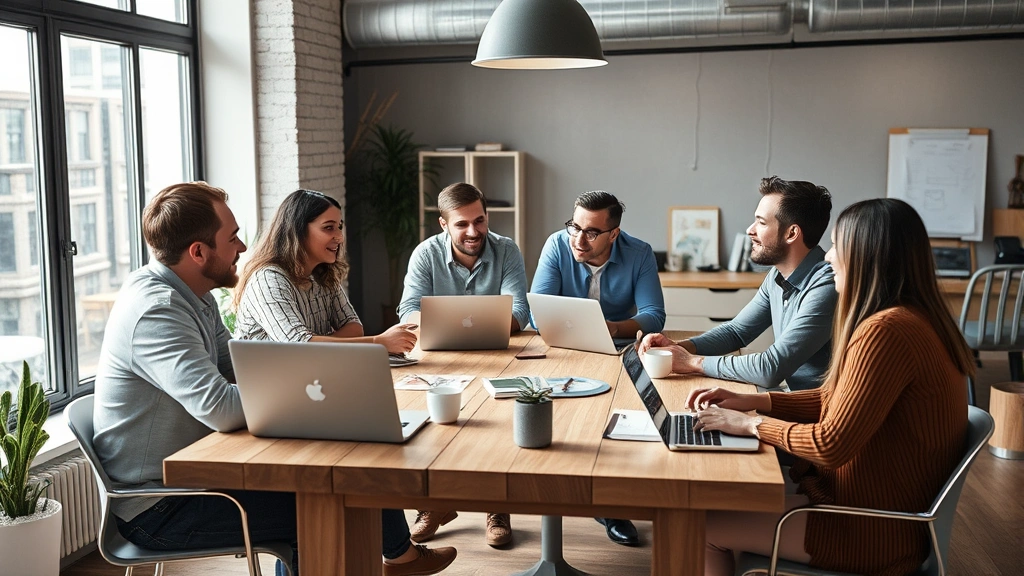 Diverse founder team in a modern startup office space having an animated discussion around a wooden table with laptops and coffee, natural window light, authentic entrepreneurial energy