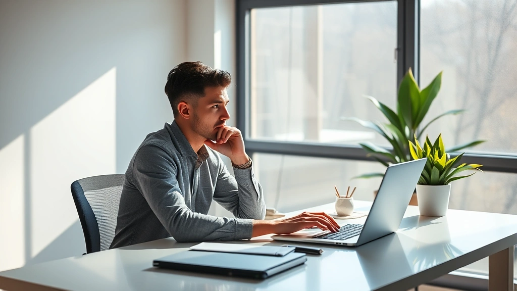 Solo entrepreneur at a minimalist desk with a laptop, looking thoughtfully out a window, morning light, embodying focus and determination during early-stage venture building