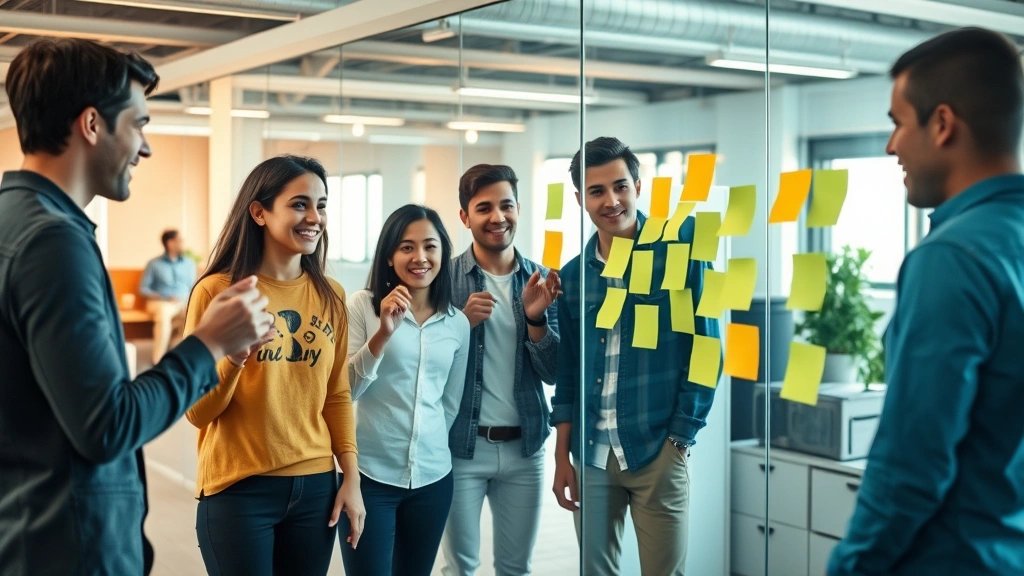Young startup team collaborating energetically in an open workspace, brainstorming with post-it notes on glass walls, diverse group showing authentic teamwork and momentum