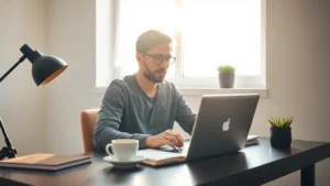 Founder at desk with laptop, coffee, and notebook, early morning sunlight streaming through window, focused expression, minimalist workspace