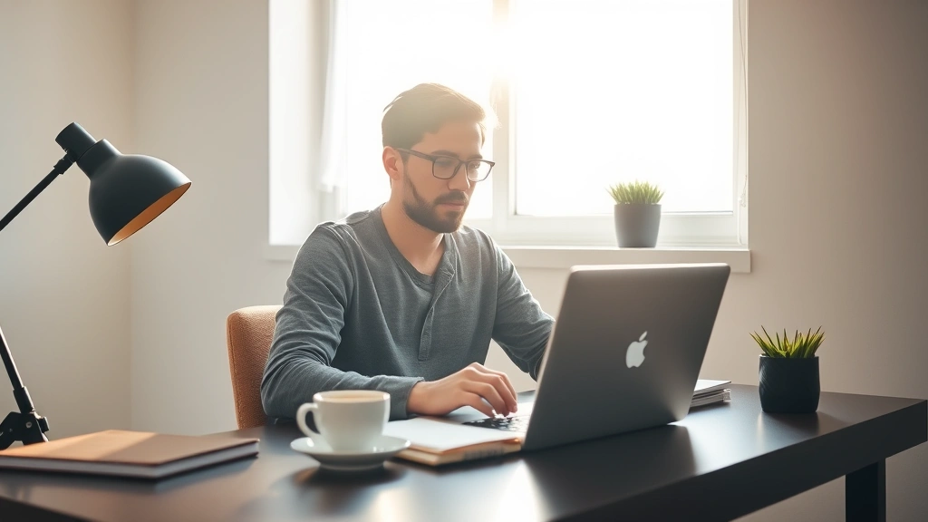 Founder at desk with laptop, coffee, and notebook, early morning sunlight streaming through window, focused expression, minimalist workspace
